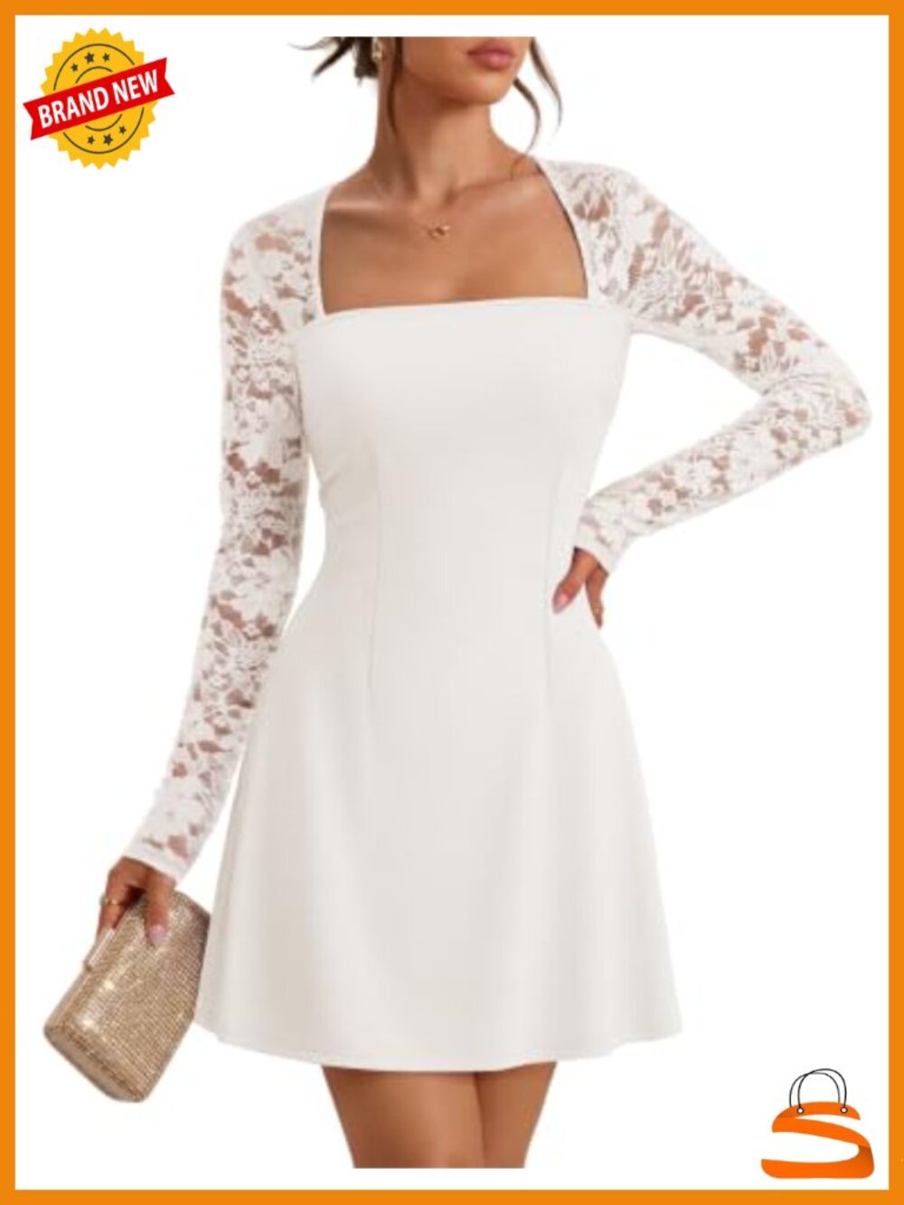 Womens Square Neck Long Sleeve Lace Cocktail Mini Dress A-Line